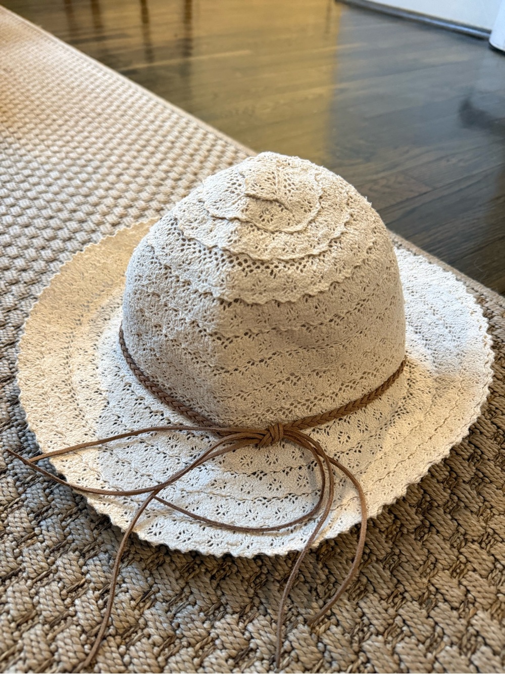 Crocheted Straw Sun Hat with Leather Tie - Cream